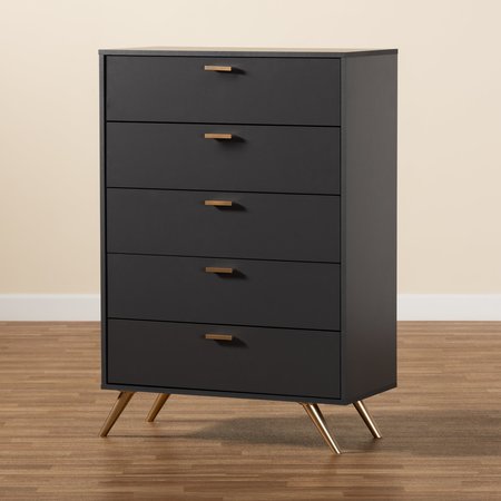 Baxton Studio Kelson Modern and Contemporary Dark Grey and Gold Finished Wood 5-Drawer Chest 189-11575-ZORO